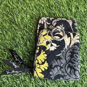 Vera Bradley Quilted Zip Wallet Black Gray Yellow Floral w/ Ring Pull